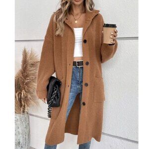 Casual Borwn Dual Pocket Hooded Sweater Cardigan fall winter